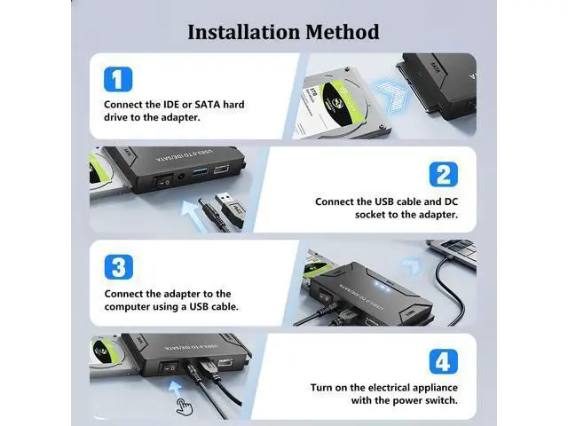 Alt view image 6 of 7 - Vszerda Hard Drive Reader USB 3.0 & Type C to SATA IDE Adapter, Universal 2.5"/3.5" HDD/SSD Converter, One Touch Backup Function, Included 12V/2A Power Adapter