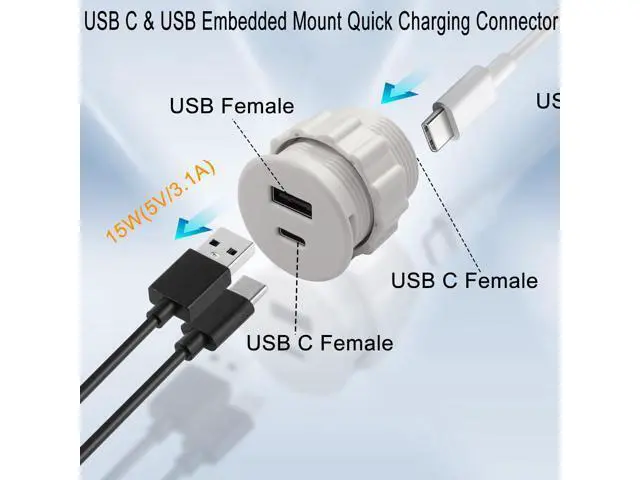 Alt view image 3 of 7 - Vszerda USB C & USB Embedded Mount Quick Charging Connector 15W Type C + USB Threaded Fixed Adapter 2 Port Charging Socket 5V/3.1A,LED Light,Mount on Furniture Desktop, White (only USB Charge)