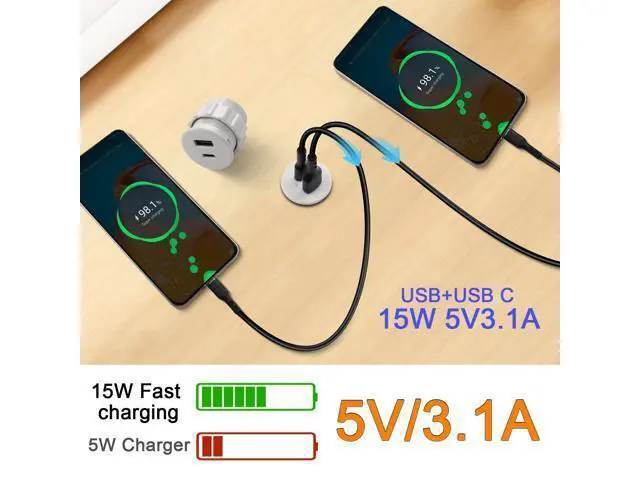 Alt view image 4 of 7 - Vszerda USB C & USB Embedded Mount Quick Charging Connector 15W Type C + USB Threaded Fixed Adapter 2 Port Charging Socket 5V/3.1A,LED Light,Mount on Furniture Desktop, White (only USB Charge)