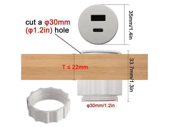 Alt view image 5 of 7 - Vszerda USB C & USB Embedded Mount Quick Charging Connector 15W Type C + USB Threaded Fixed Adapter 2 Port Charging Socket 5V/3.1A,LED Light,Mount on Furniture Desktop, White (only USB Charge)