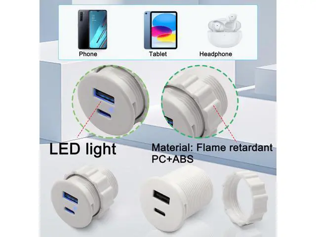Alt view image 7 of 7 - Vszerda USB C & USB Embedded Mount Quick Charging Connector 15W Type C + USB Threaded Fixed Adapter 2 Port Charging Socket 5V/3.1A,LED Light,Mount on Furniture Desktop, White (only USB Charge)