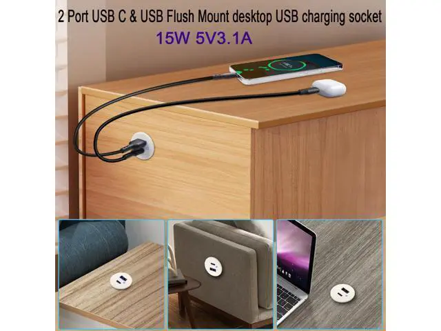 Alt view image 6 of 7 - Vszerda USB C & USB Embedded Mount Quick Charging Connector 15W Type C + USB Threaded Fixed Adapter 2 Port Charging Socket 5V/3.1A,LED Light,Mount on Furniture Desktop, White (only USB Charge)