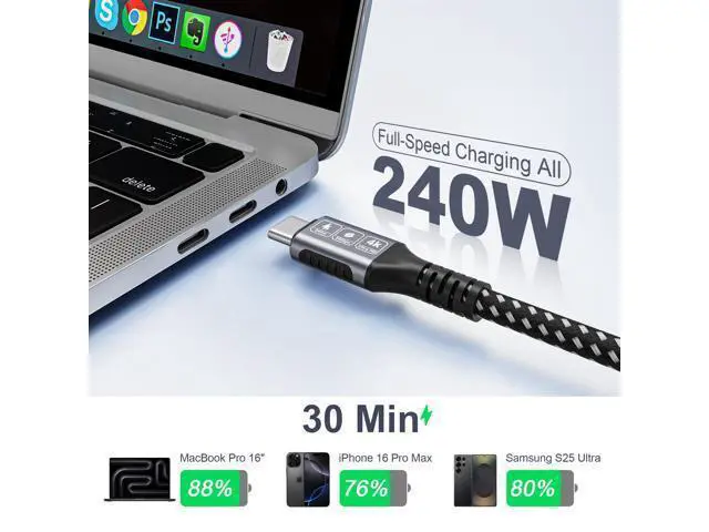 Alt view image 2 of 7 - Vszerda 20FT/6M USB-C to USB-C 20Gbps Cable, 4K@60Hz Video, 240W PD Fast Charging, Durable Braided Nylon USB-C Cord for MacBook, Samsung Galaxy, iPad, iPhone 17/16/15