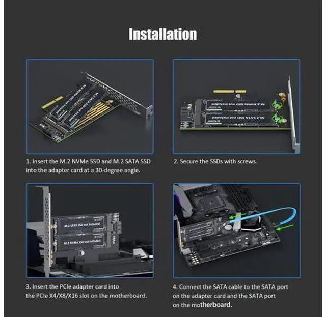 Alt view image 7 of 14 - Vszerda PA12 Dual M.2 SSD PCIe X4 Adapter Without Heatsink for One M.2 NVMe SSD and One M.2 SATA SSD, Support PCIe 4.0 SSD and OS Boot from M.2 NVMe SSD
