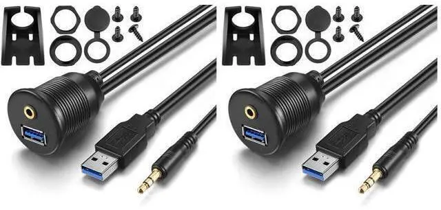 Main image of Vszerda USB Flush Mount - 1M 3ft 3.5mm & USB 3.0 AUX Extension, Dash & Panel Mount Cable for Car, Boat, Motorcycle (Pack of 2)