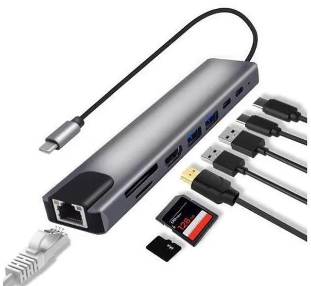 Main image of Vszerda USB C Hub Type-C Docking Station 8 in 1 Multiport Adapter Type C to RJ45 Ethernet 87W PD Charging USB3.0 USB2.0 HDMI SD/TF Card Reader Type-C Data Ports for Laptops