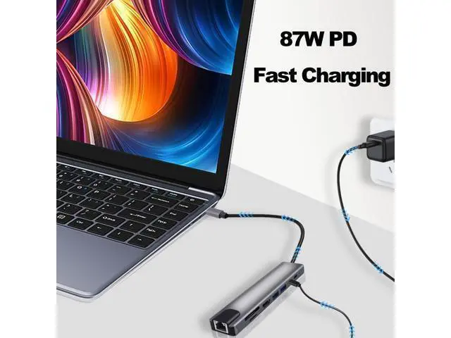 Alt view image 4 of 7 - Vszerda USB C Hub Type-C Docking Station 8 in 1 Multiport Adapter Type C to RJ45 Ethernet 87W PD Charging USB3.0 USB2.0 HDMI SD/TF Card Reader Type-C Data Ports for Laptops