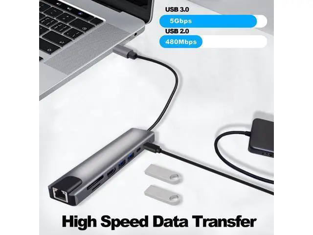 Alt view image 5 of 7 - Vszerda USB C Hub Type-C Docking Station 8 in 1 Multiport Adapter Type C to RJ45 Ethernet 87W PD Charging USB3.0 USB2.0 HDMI SD/TF Card Reader Type-C Data Ports for Laptops