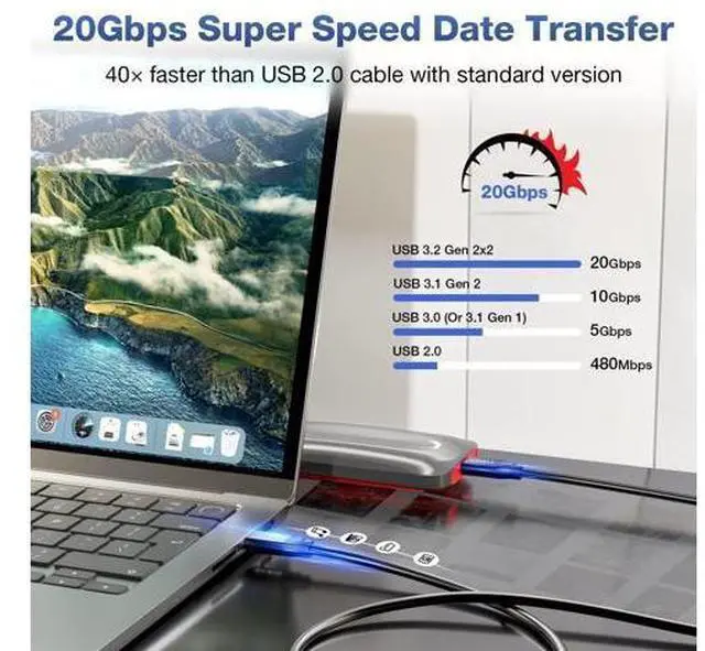 Alt view image 2 of 7 - Vszerda USB C 3.2 Gen 2 Cable, 16.5FT 20Gbps Type C 4K@60Hz UHD Video 5A/240W PD3.1 Fast Charge Compatible with Thunderbolt 3/4 for Phone 15Pro MacBook Monitor 5M