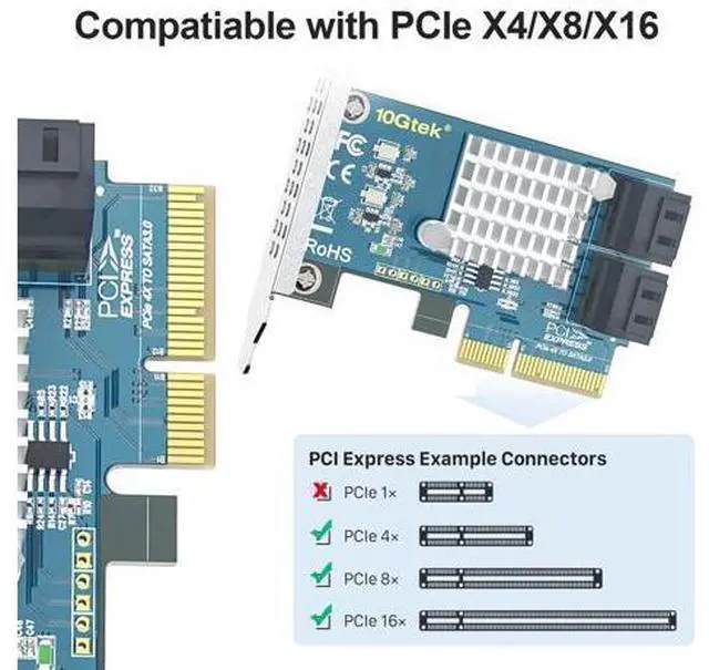 Alt view image 2 of 4 - Vszerda 4-Port PCIe SATA Expansion Card, 6Gbps SATA III Controller with 4 Cables & Low Profile Bracket, PCIe x4, Support 4 Devices for PC/Server/NAS
