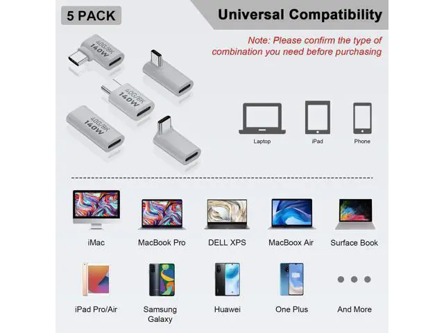 Alt view image 7 of 7 - Vszerda USB C Extension Adapter, 40Gbps Data, 140W Power, 8K Video, 90 Degree USB C Adapter Support for Thunderbolt Devices, Notebook, Tablet & Phone, in White, 5 Pack