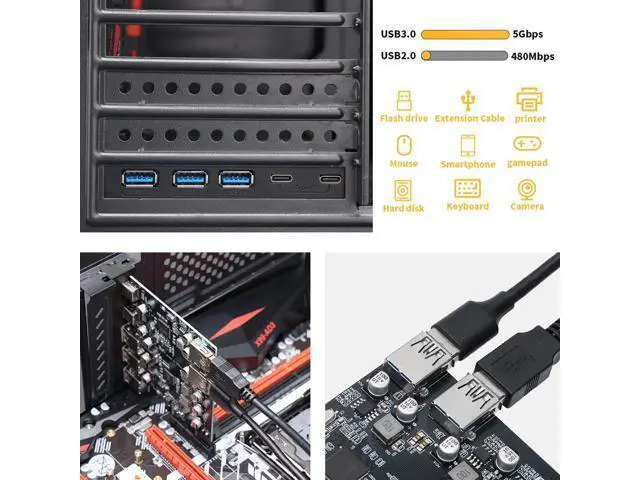 Alt view image 5 of 6 - Vszerda PCIe to USB 3.0 5X USB-A and 2X USB-C Ports Expansion Card,PCI Express Internal USB 3 Hub Converter for Desktop PCS Riser Card