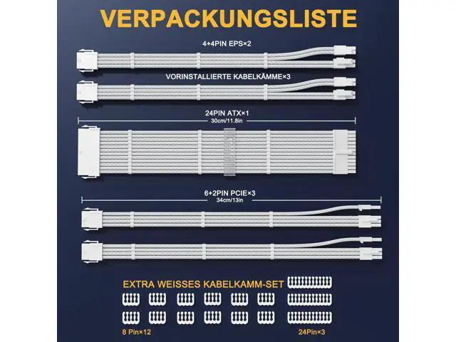 Alt view image 6 of 6 - Vszerda PSU Cable Extension Kit,One Way Bend Design PC Cables - Bright White Braided 1x 24Pin ATX / 2X 8 (4+4) Pin EPS 2X 8 (6+2) Pin PCIE for Power Supply,18AWG 5 Kits