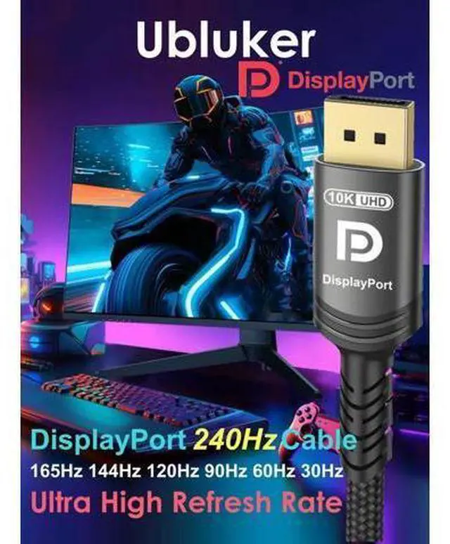 Alt view image 4 of 4 - Vszerda 10K 8K DisplayPort 2.1 Cable 54Gbps 16.4 FT, Certified DP to DP Cord 4K 240Hz 165Hz 144Hz 120Hz 10K 8K 120Hz Nylon Braided UHBR HDCP2.3 FreeSync G-Sync RTX5090 Gaming Monitor PC Projector