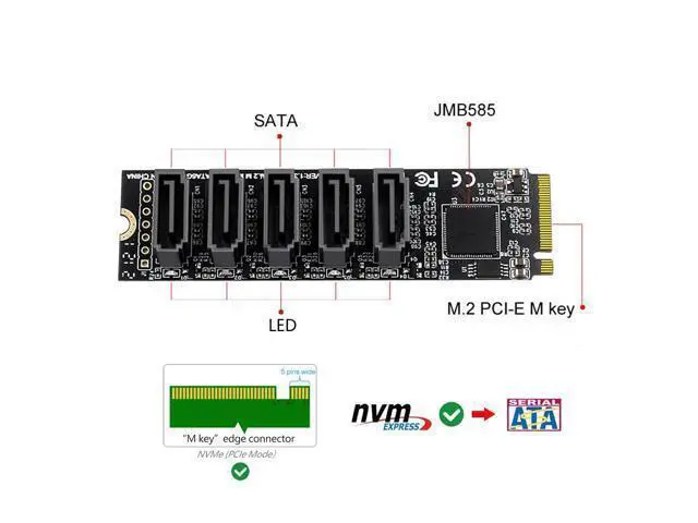 Alt view image 5 of 7 - Vszerda NVME M-Key PCI Express NGFF to SATA 3.0 6Gbps 5 Ports Adapter Converter Hard Drive Extension Card JMB585 2280 for NAS Computer (5-Ports)