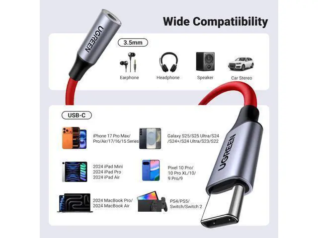 Alt view image 7 of 7 - UGREEN USB C to 3.5mm Audio Adapter Type C to Headphone Aux Jack Dongle 24bit/96kHz HiFi DAC Cable Cord Compatible with iPhone 17 16 Pro Max/16 Plus, iPad, Galaxy S25 S24 Ultra, Pixel 10, Red