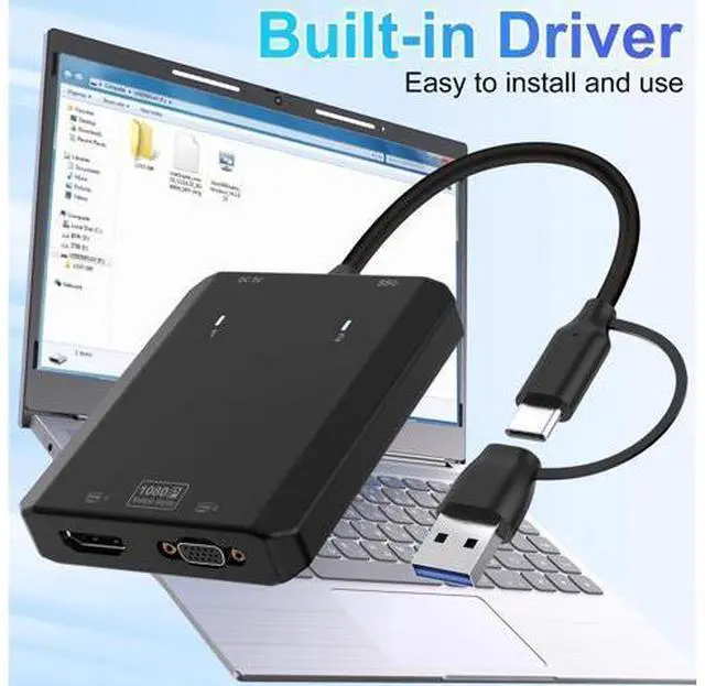 Alt view image 2 of 7 - Vszerda USB to HDMI VGA Adapter 2X 1080P@60Hz Dual Monitor Extender 1 in 2 Out External Graphics Card Support Windows MacOS M1/M2 Systems, Built-in Driver, Simultaneously Output VGA+HDMI