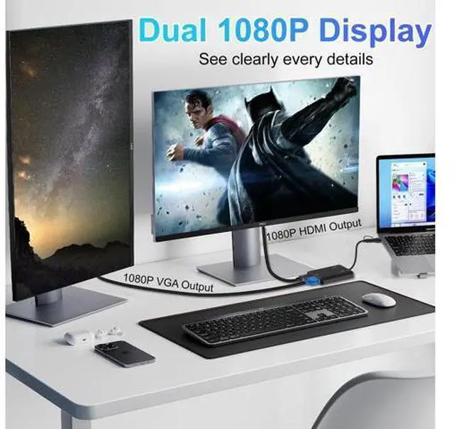 Alt view image 5 of 7 - Vszerda USB to HDMI VGA Adapter 2X 1080P@60Hz Dual Monitor Extender 1 in 2 Out External Graphics Card Support Windows MacOS M1/M2 Systems, Built-in Driver, Simultaneously Output VGA+HDMI
