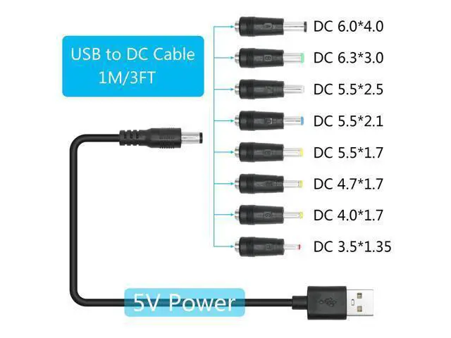 Alt view image 4 of 6 - Vszerda USB to DC 5.5 x 2.1mm Power Cord 1M/3FT,5V USB 2.0 A Male to DC 5521 Male Plug Cable with 8 DC Connector(6.0 x 4.0, 6.3 x 3.0, 5.5 x 2.5, 5.5 x 2.1, 5.5 x 1.7, 4.7 x1.7, 4.0 x 1.7, 3.5 x 1.35)