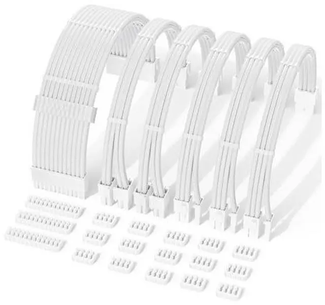 Main image of Vszerda PSU Cable Extension Kit,One Way Bend Design PC Cables - Bright White Braided 1x 24Pin ATX / 2X 8 (4+4) Pin EPS 3X 8 (6+2) Pin PCIE for Power Supply,18AWG 6 Kits