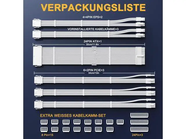 Alt view image 7 of 7 - Vszerda PSU Cable Extension Kit,One Way Bend Design PC Cables - Bright White Braided 1x 24Pin ATX / 2X 8 (4+4) Pin EPS 3X 8 (6+2) Pin PCIE for Power Supply,18AWG 6 Kits