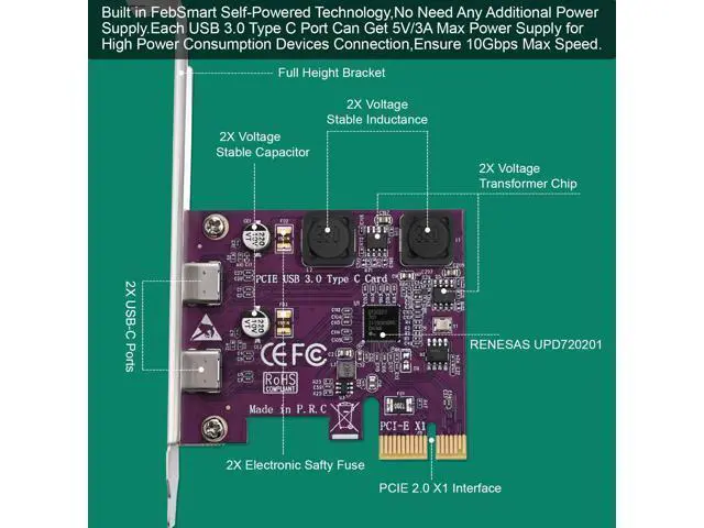 Alt view image 3 of 14 - Vszerda 2X 5Gbps USB-C Ports PCI Express to USB 3.0 Expansion Card for Windows 11, 10, 8.x, 7, Vista, XP Desktop PCs, Built in Self-Powered Technology, No Need Additional Power Supply (FS-U302C-Pro)