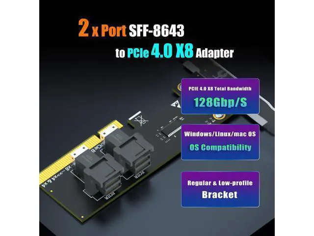 Alt view image 2 of 7 - Vszerda SF02 2-Port SFF-8643(Mini-SAS HD) to PCIE 4.0 X8 Adapter Card Without PCIe Bifurcation Function, Regular and Low-profible Bracket
