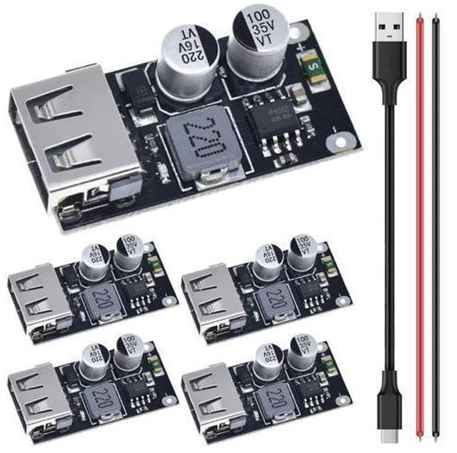 Main image of 5 Pcs 6-32V 9V 12V 24V to 5V 3A Fast Charging Module USB QC3.0 QC2.0 DC-DC Buck Converter Step-Down Quick Charger Circuit Board with USB Cable, 24AWG Wire