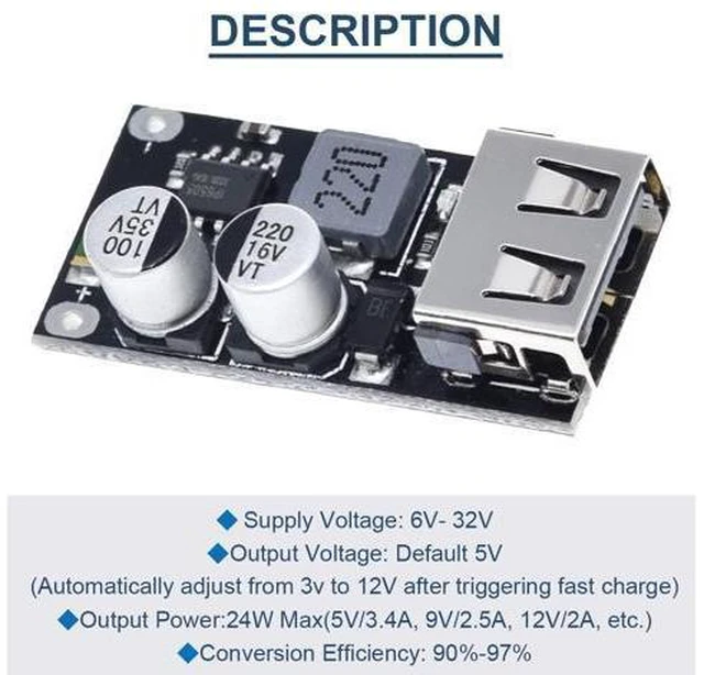 Alt view image 2 of 7 - 5 Pcs 6-32V 9V 12V 24V to 5V 3A Fast Charging Module USB QC3.0 QC2.0 DC-DC Buck Converter Step-Down Quick Charger Circuit Board with USB Cable, 24AWG Wire