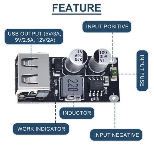 Alt view image 5 of 7 - 5 Pcs 6-32V 9V 12V 24V to 5V 3A Fast Charging Module USB QC3.0 QC2.0 DC-DC Buck Converter Step-Down Quick Charger Circuit Board with USB Cable, 24AWG Wire