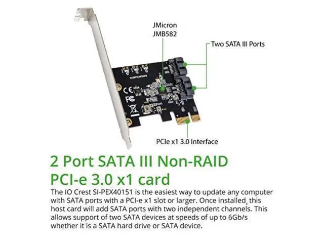Alt view image 2 of 4 - Vszerda 2 Port SATA III Expansion Card with Low Profile Bracket - 6Gbps SATA 3.0 Controller PCI Express x1 Jmicro Chipset for Windows10/8/7/XP/Vista/Linux