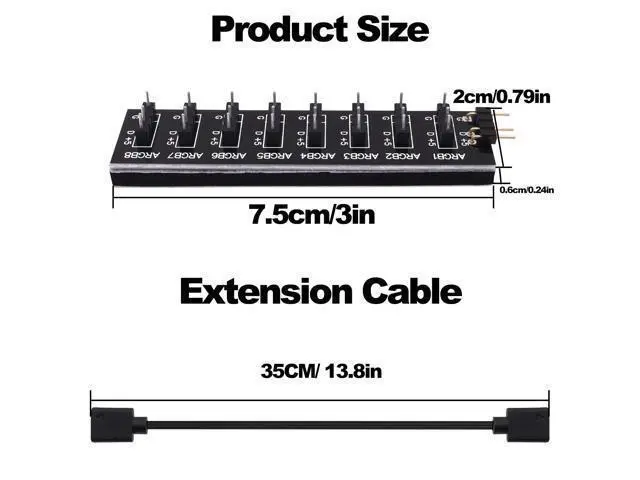 Alt view image 3 of 7 - Vszerda 5V 3PIN ARGB Splitter Hub 1 to 8 Way RGB Fans Hub Controller with Extension Cord for Expansion Motherboard ARGB Interface Sync Fans Lights-2Pcs-35CM
