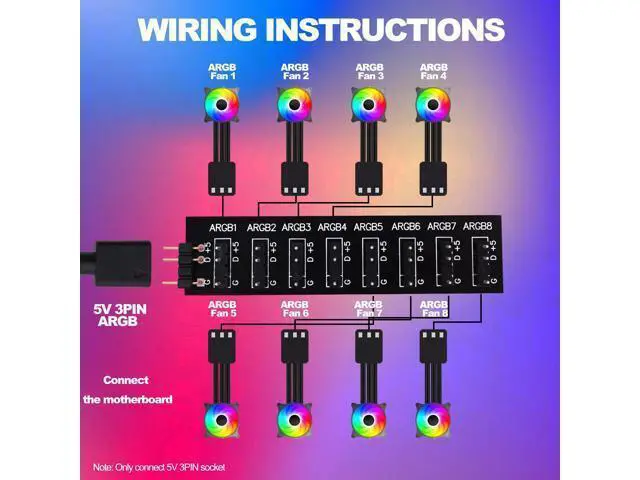 Alt view image 5 of 7 - Vszerda 5V 3PIN ARGB Splitter Hub 1 to 8 Way RGB Fans Hub Controller with Extension Cord for Expansion Motherboard ARGB Interface Sync Fans Lights-2Pcs-35CM
