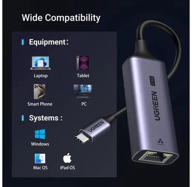Alt view image 6 of 7 - USB C to Ethernet Adapter 2.5G, Ethernet Adapter for Laptop, Aluminum, Type C (Thunderbolt 4/3 Compatible) to RJ45 Network Internet, Compatible for NAS, MacBook Air/Pro, XPS, iPhone 17 Pro/Max