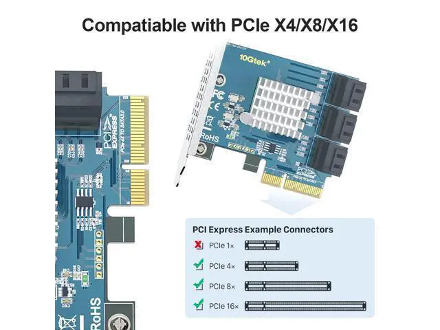Alt view image 2 of 4 - Vszerda 6-Port PCIe SATA Expansion Card, 6Gbps SATA III Controller with 6 Cables & Low Profile Bracket, PCIe x4, Support 6 Devices for PC/Server/NAS