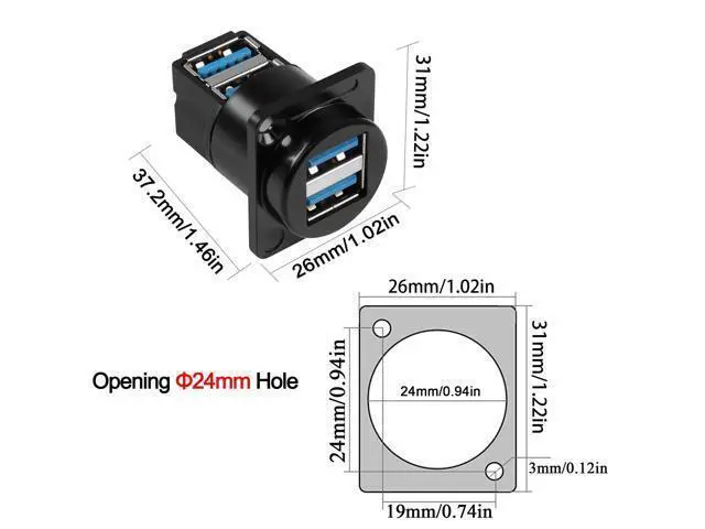 Alt view image 6 of 7 - Vszerda Dual USB 3.0 Panel Mount 90 Angle Adapter, 2 Female to 2 Female Right Angle Connector, Dual USB3.0 Data Transfer and Charging, Extended Extension