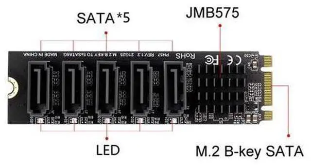 Alt view image 4 of 7 - Vszerda NGFF Key B+M to SATA 3.0 6Gbps 5 Ports Adapter Converter Port Select JMB575
