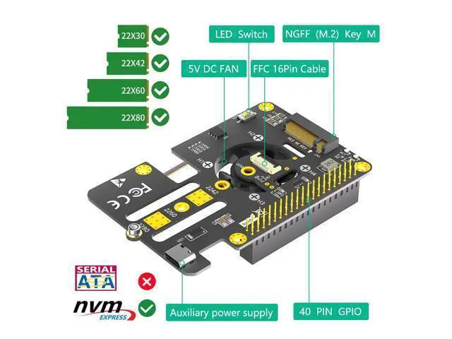 Alt view image 3 of 7 - Vszerda M.2 NVMe to PCIe 3 in 1 Combo Adapter Card with Cooler Fan and Automatic Discoloration LED for Raspberry Pi 5 (Support 2230,2242,2280 SSD)