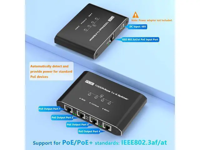Alt view image 5 of 7 - Vszerda PoE Splitter 1 in 4 Out, Gigabit 4 Port PoE Switch, IEEE 802.3at/af Compliant, 30W per Port Power Over Ethernet Hub for IP Cameras/APVoIP Phones (328 Ft), PoE+ Splitter for Cat5e/6/7/8 Cable