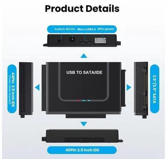 Alt view image 5 of 7 - Vszerda USB to SATA Adapter, Hard Drive Reader IDE to USB Adapter Data Converter for 2.5 3.5 HDD SSD with 12/2A Power Adapter