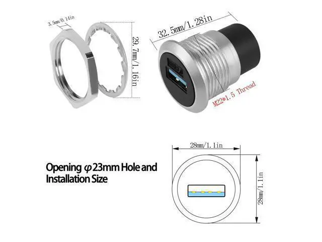 Alt view image 6 of 7 - Vszerda USB3.0 Panel Threaded Fixed Mount Coupler Adapter USB3.0 Female to Female Recessed Panel Mount Connector 5Gbps, Anti-loosening Gasket Dust-Proof Cover, for Dashboard or Device Panel
