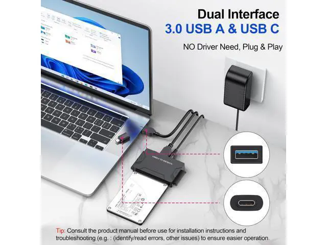 Alt view image 2 of 7 - Hard Drive Reader USB 3.0 & Type C to SATA IDE Adapter, Internal Data Transfer Recovery Converter Kit with 12V/2A Power for 2.5"/3.5" SATA/IDE HDD SSD Hard Disk Internal Blu-ray Drive, up to 20TB