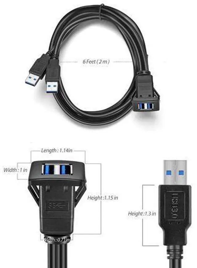 Alt view image 6 of 7 - Vszerda Dual USB3.0 Square Flush Mount - 2M 6ft USB 3.0 Extension Mount, Dash Mount, Flush Mount, Panel Mount Cable, for Car, Boat, Motorcycle (6 feet) - Black