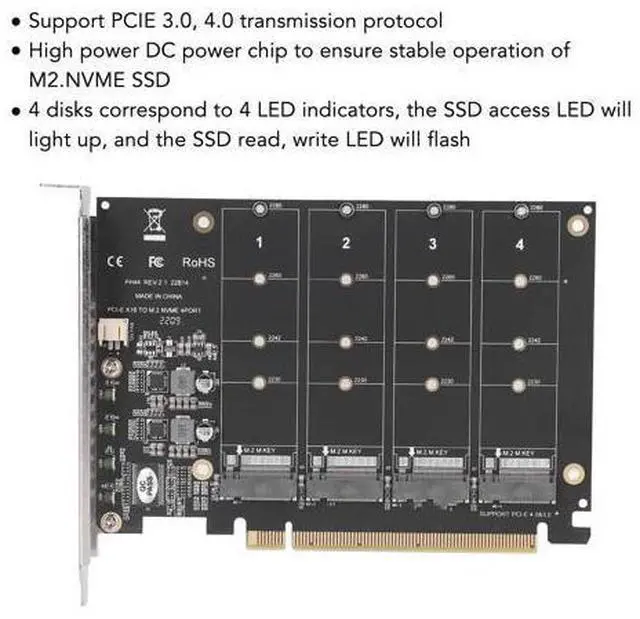 Alt view image 3 of 7 - Vszerda M.2 NVMe SSD to PCIE X16 Adapter, M Key M.2 PCIe x16 Controller Expansion Card, High Speed Raid Card, 4 Port SSD Array Card with Individual LED Indicator