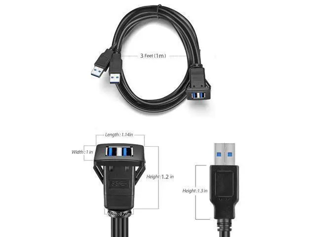 Alt view image 7 of 7 - Vszerda Dual USB3.0 Square Flush Mount - 1M 3ft USB 3.0 Extension Mount, Dash Mount, Flush Mount, Panel Mount Cable, for Car, Boat, Motorcycle (3 feet)