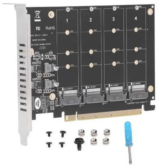 Alt view image 7 of 7 - Vszerda M.2 NVMe SSD to PCIE X16 Adapter, M Key M.2 PCIe x16 Controller Expansion Card, High Speed Raid Card, 4 Port SSD Array Card with Individual LED Indicator