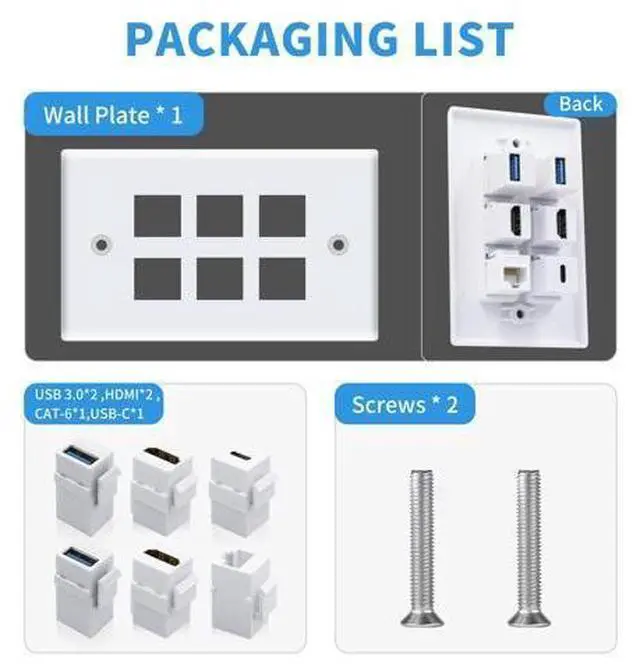 Alt view image 2 of 7 - Vszerda Outlet Wall Plate for HDMI Ethernet & USB 3.0 & Type C, 6Port 2x HDMI HDTV + 2x USB 3.0 +1x Cat6 RJ45 Ethernet + 1x Type C Keystone Connector for Cable Wall Plate Cover, White