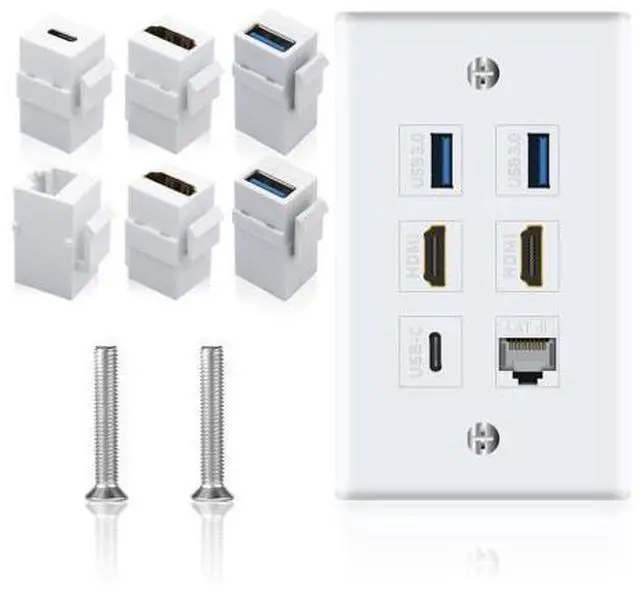 Main image of Vszerda Outlet Wall Plate for HDMI Ethernet & USB 3.0 & Type C, 6Port 2x HDMI HDTV + 2x USB 3.0 +1x Cat6 RJ45 Ethernet + 1x Type C Keystone Connector for Cable Wall Plate Cover, White