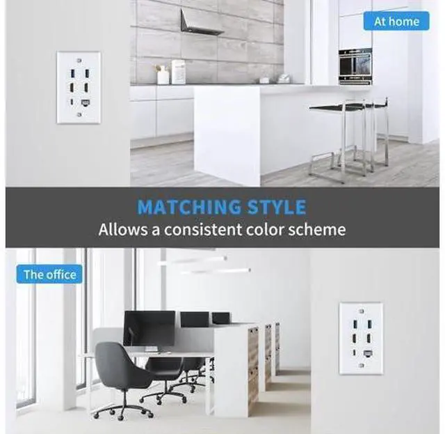 Alt view image 3 of 7 - Vszerda Outlet Wall Plate for HDMI Ethernet & USB 3.0 & Type C, 6Port 2x HDMI HDTV + 2x USB 3.0 +1x Cat6 RJ45 Ethernet + 1x Type C Keystone Connector for Cable Wall Plate Cover, White