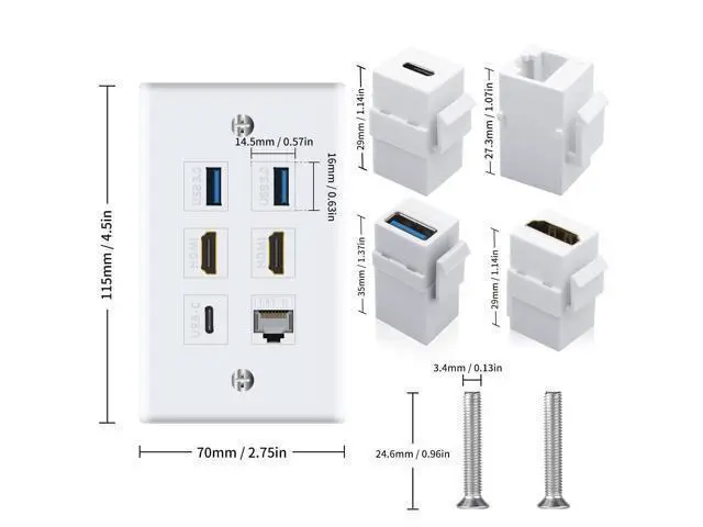Alt view image 5 of 7 - Vszerda Outlet Wall Plate for HDMI Ethernet & USB 3.0 & Type C, 6Port 2x HDMI HDTV + 2x USB 3.0 +1x Cat6 RJ45 Ethernet + 1x Type C Keystone Connector for Cable Wall Plate Cover, White